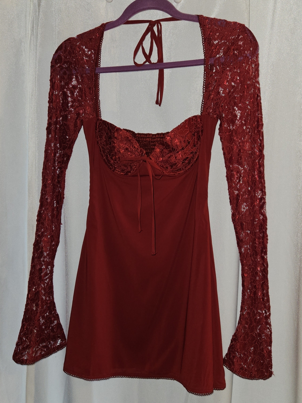 Babyboo Lace Long Sleeve Mini Dress- Deep Red